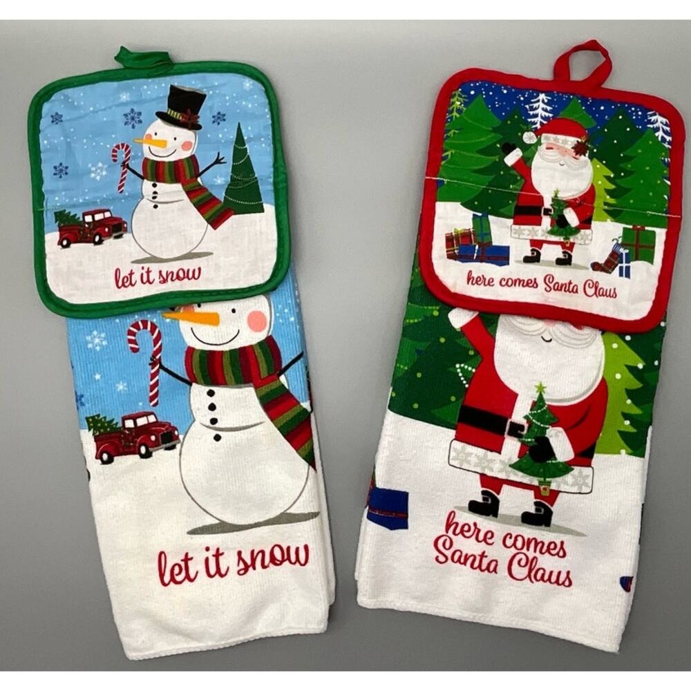 2 Homemade Holiday Christmas Handing Dish Kitchen Towels with Bell and Hot Pad